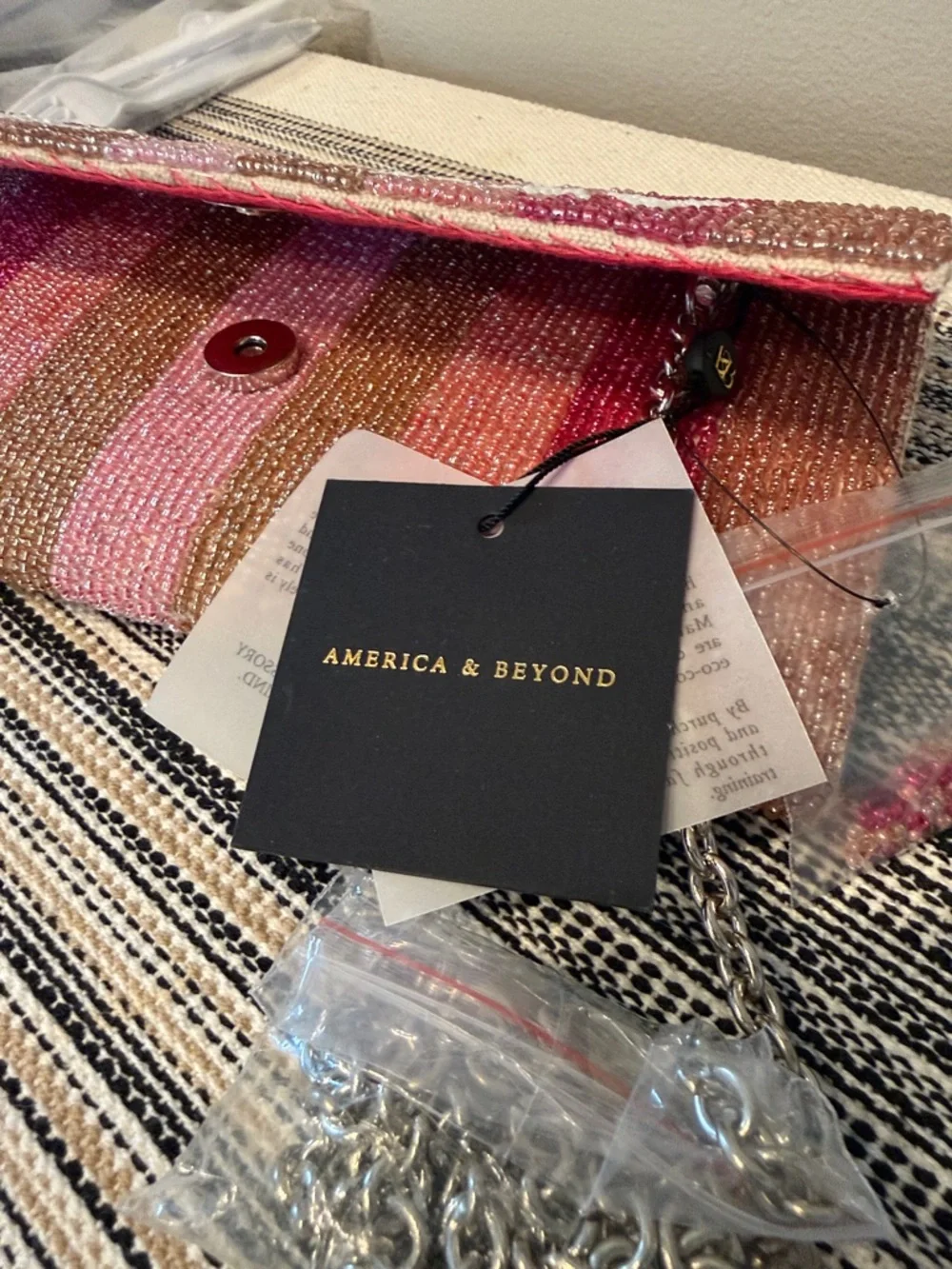 America & Beyond Beaded 'Rosé All Day' Clutch‎ Chain Purse Wine Pink Stripe NWT